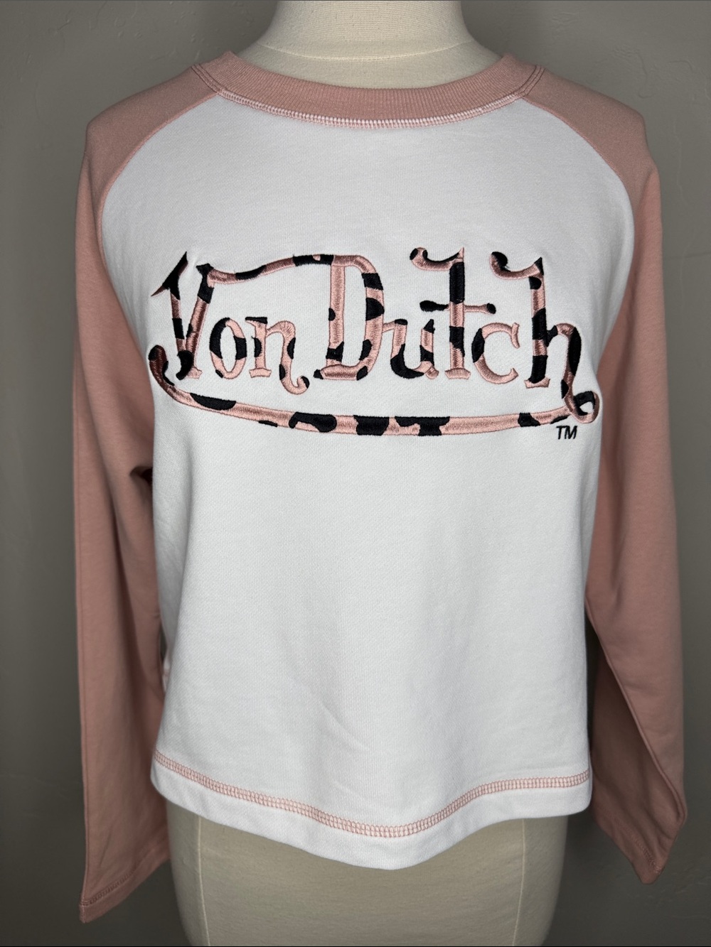 Von Dutch White Crop Sweatshirt with Blush Pink Sleeves & Embroidered Logo